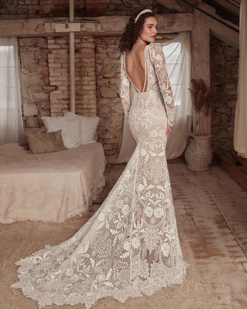 Lp2130 low back boho wedding dress with lace and deep v neckline2